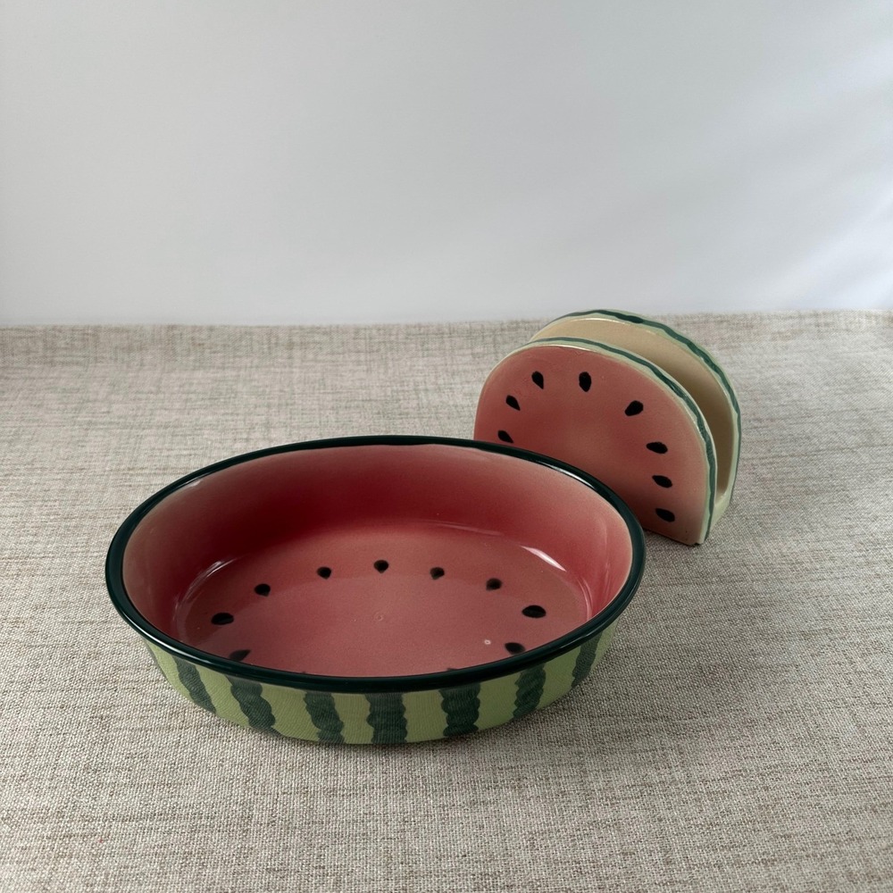 Vintage Watermelon Ceramic Dish & Matching Napkin Holder Summer Decor
